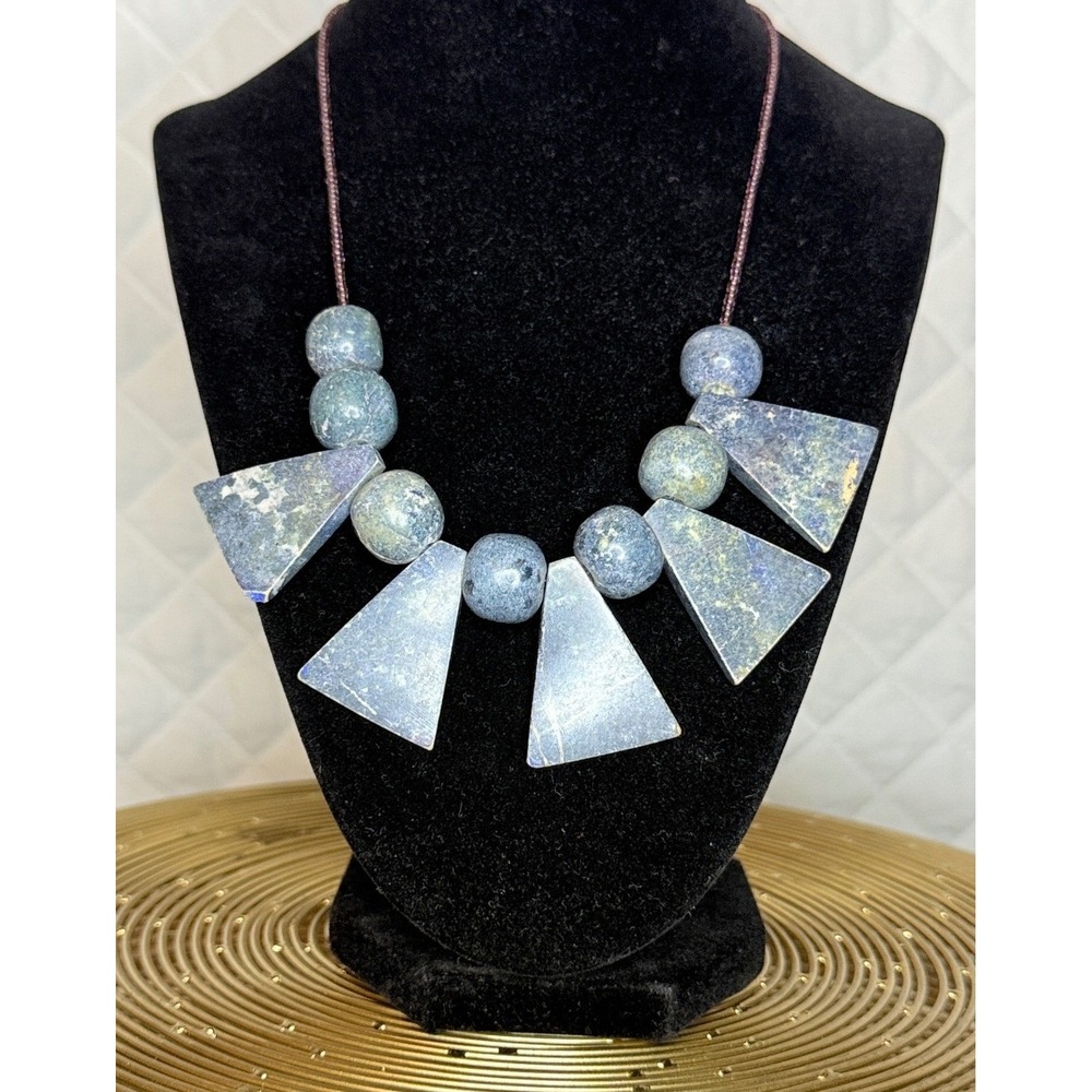 Chunky Blue Stone Geometric Statement‎ Necklace Slab Beaded Barrel Clasp 17"